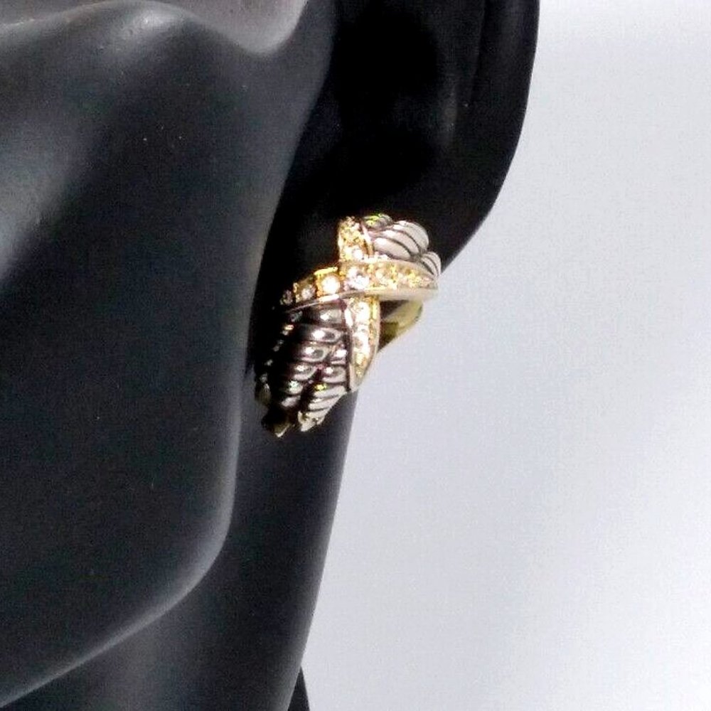 Triple Cable "X" Clip-On Earrings Stainless Steel Gold Plated Pave Crystals